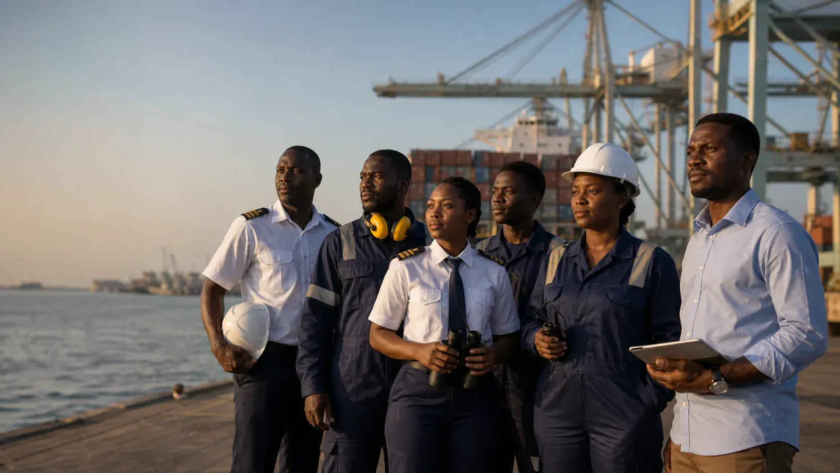 Diverse team of Ghanaian maritime professionals at a commercial seaport