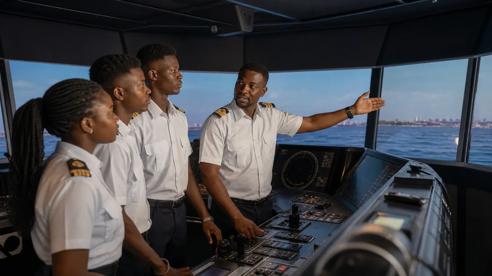 Ghanaian deck cadets training in a modern bridge simulator