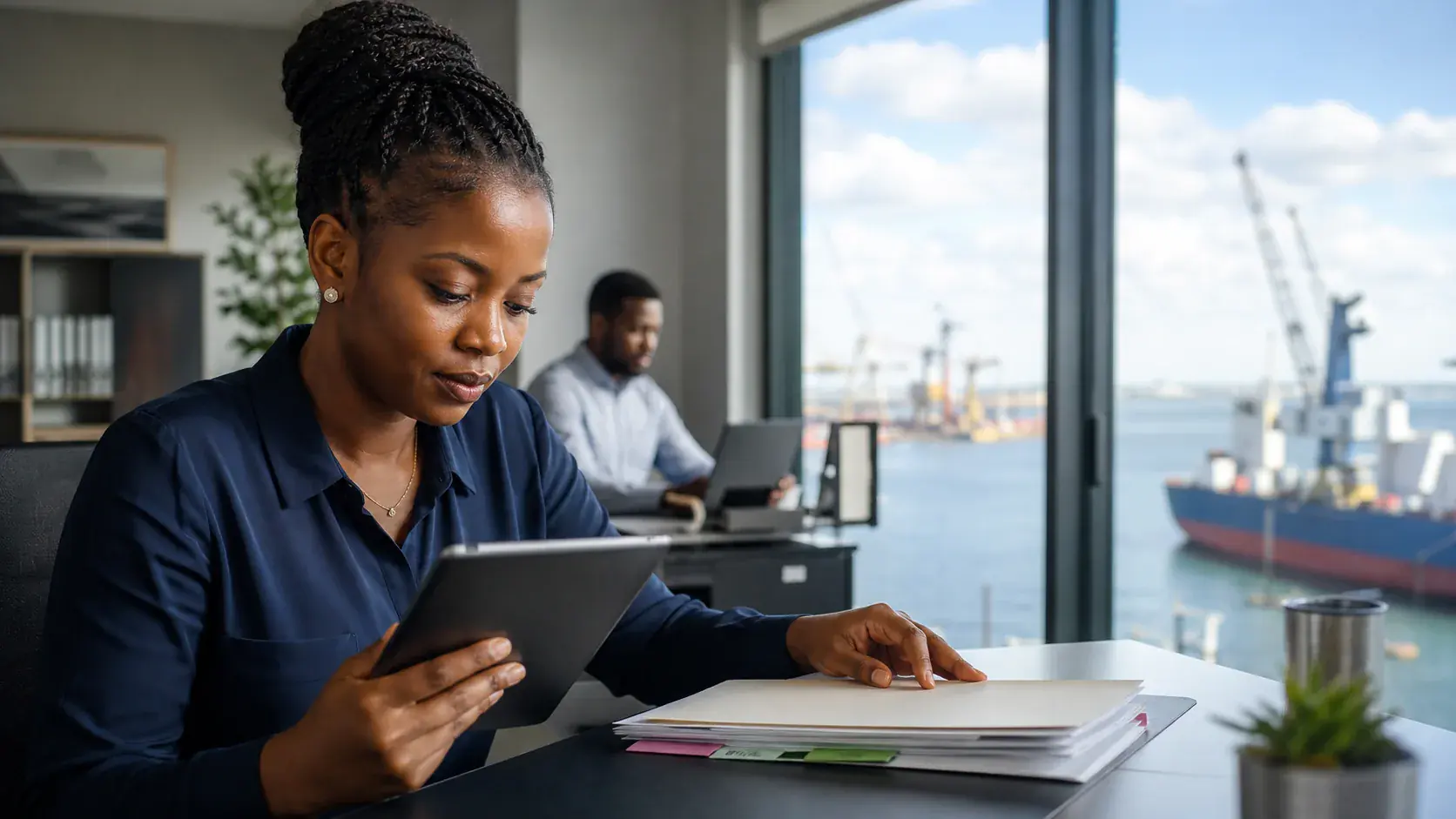 Maritime case coordinator reviewing a digital case and document folders