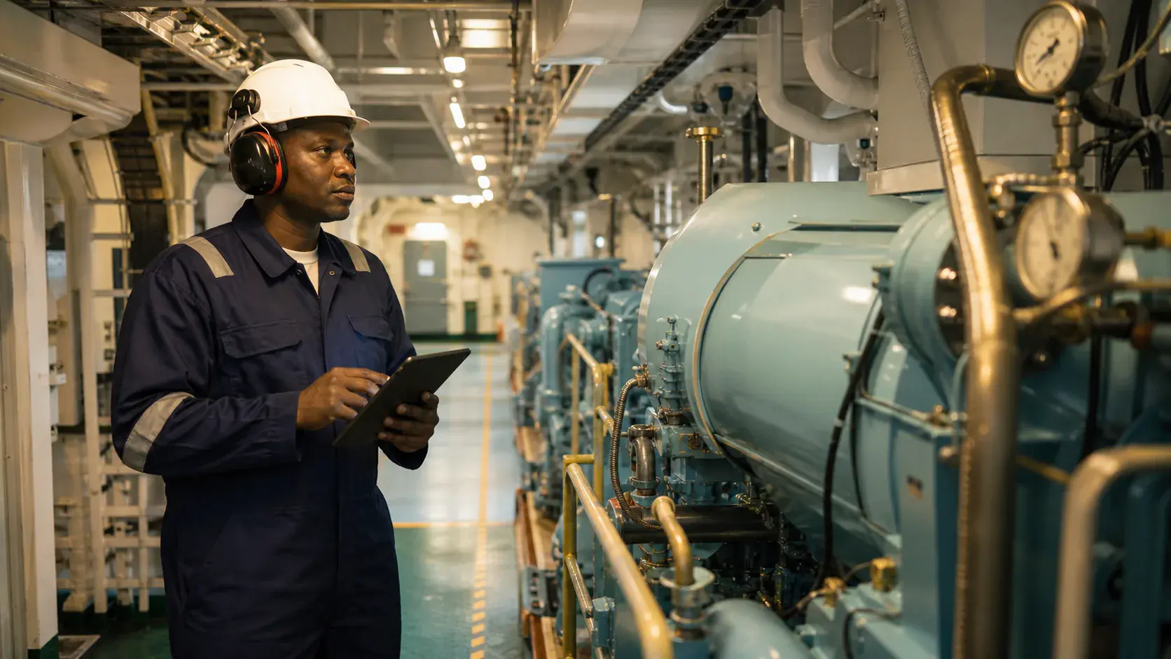 Marine engineer carrying out a professional engine-room inspection
