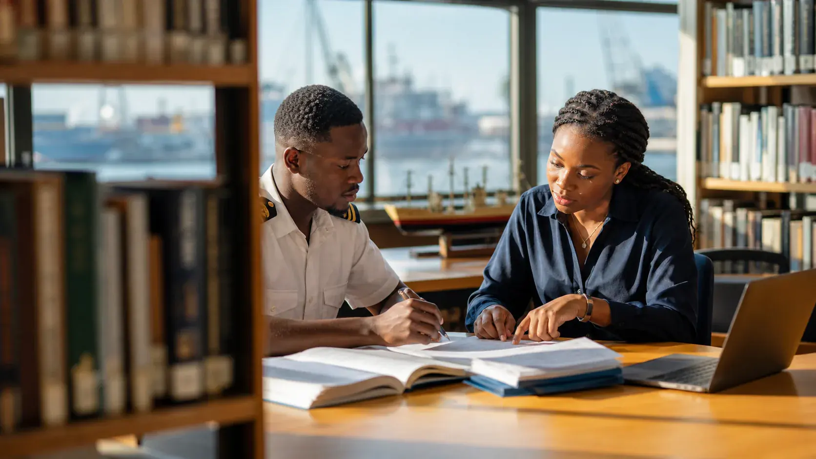 Adult maritime student receiving application guidance