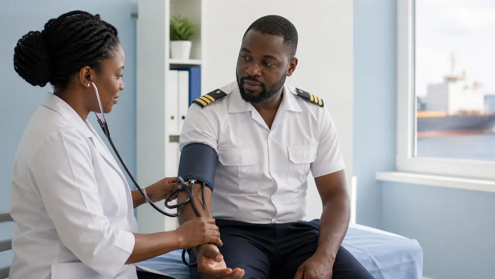 Ghanaian doctor conducting a routine blood-pressure assessment for a seafarer