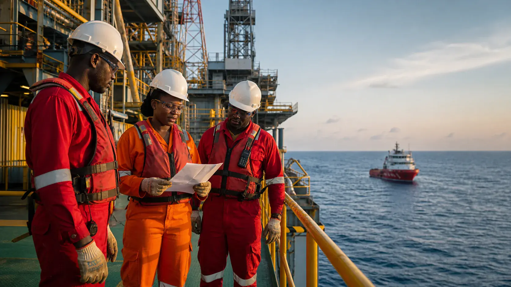 Offshore professionals briefing safely before a shift