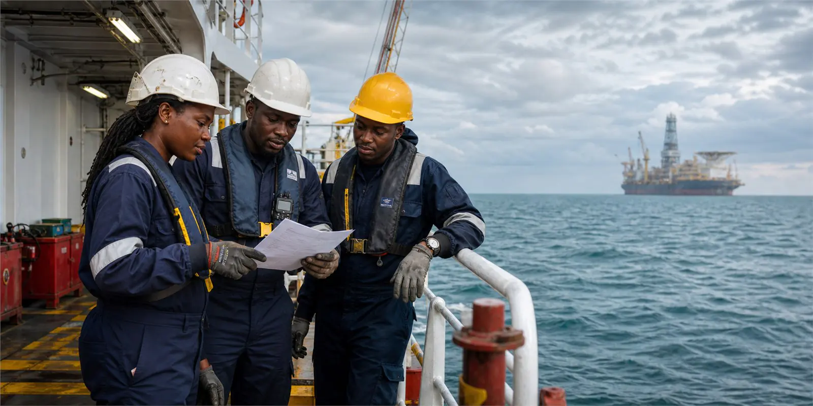 African offshore professionals reviewing a work plan at sea