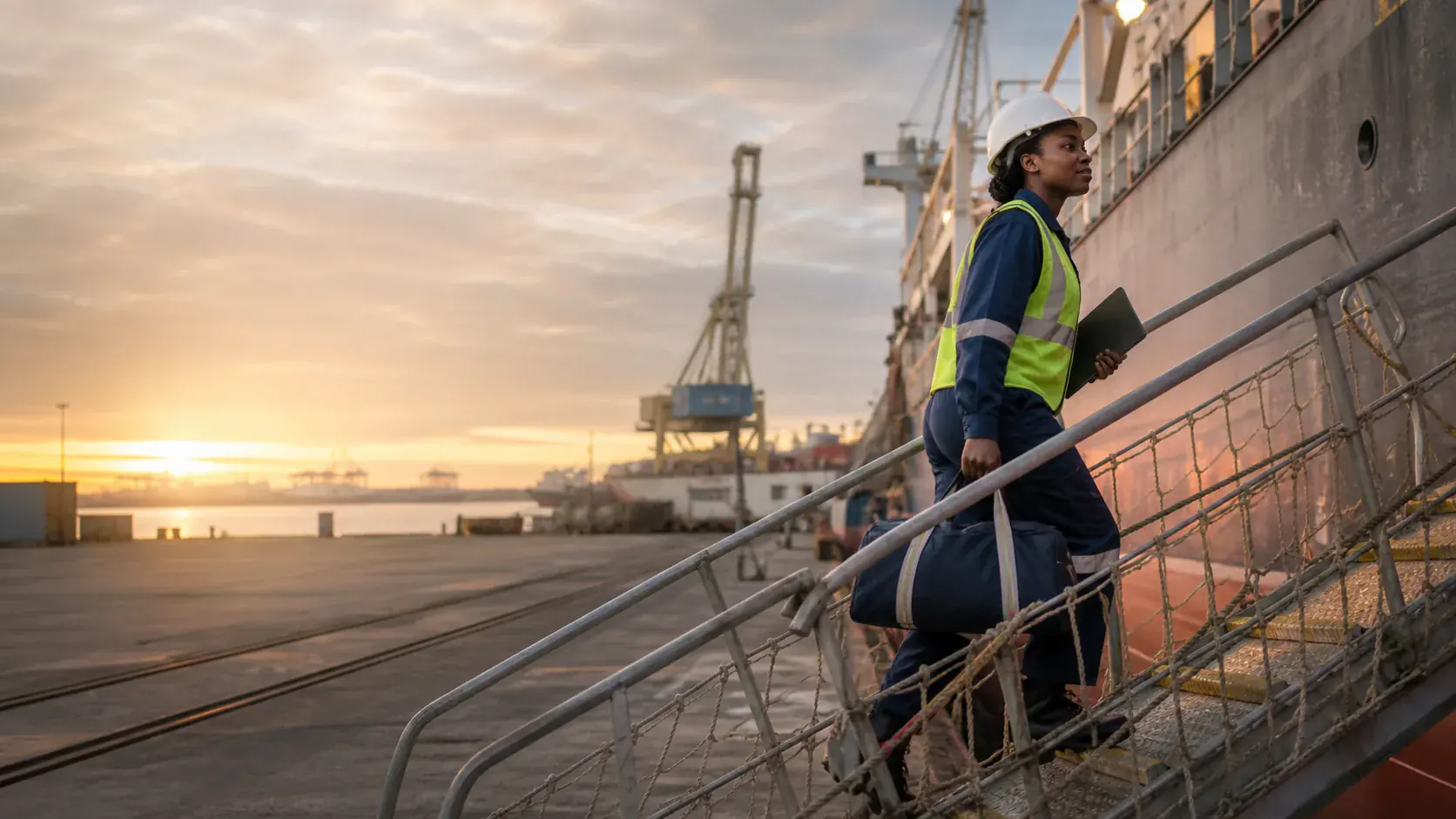 Ghanaian seafarer walking safely up a merchant vessel gangway at dawn