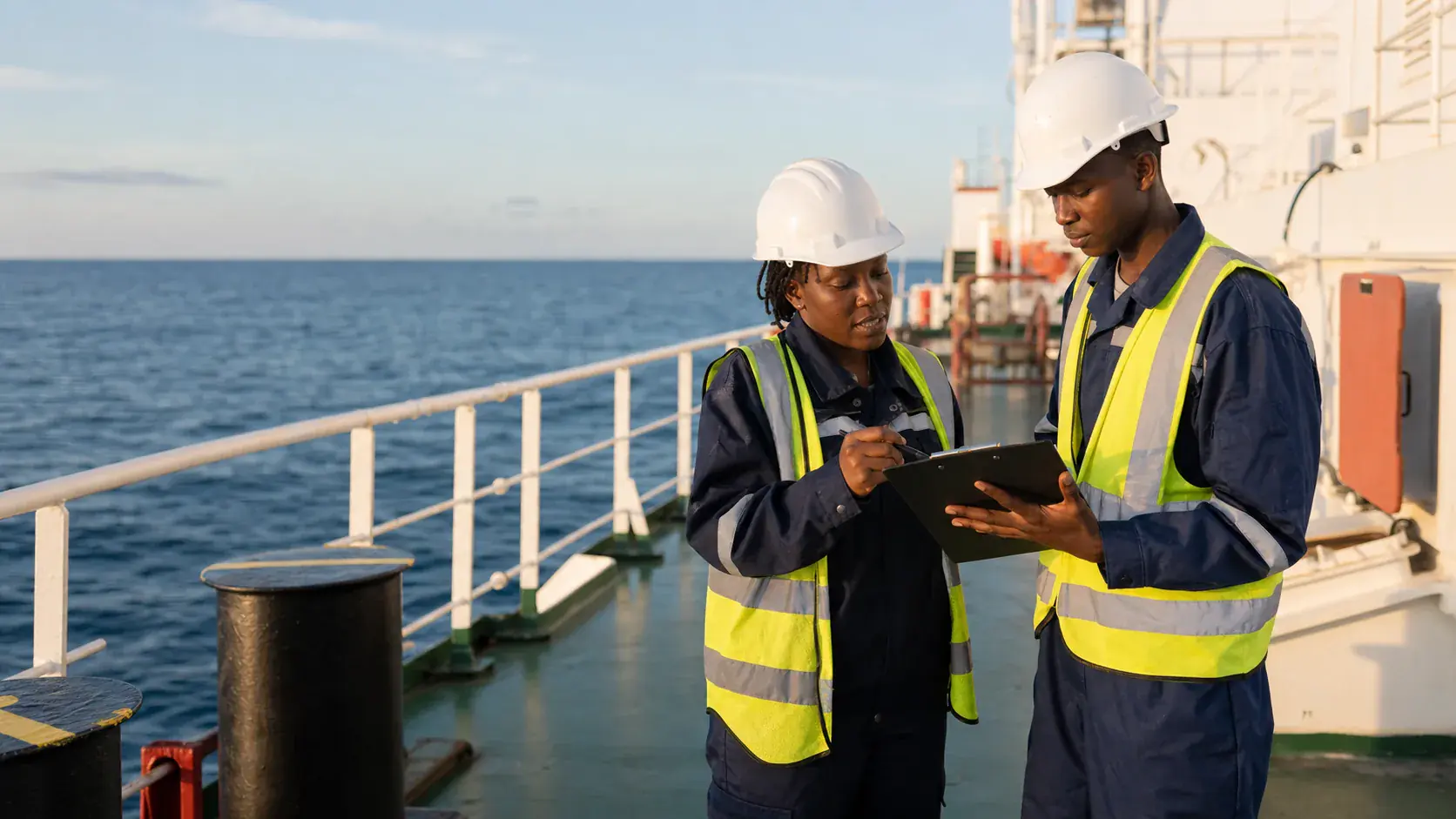 Experienced maritime officer mentoring a young adult seafarer at sea
