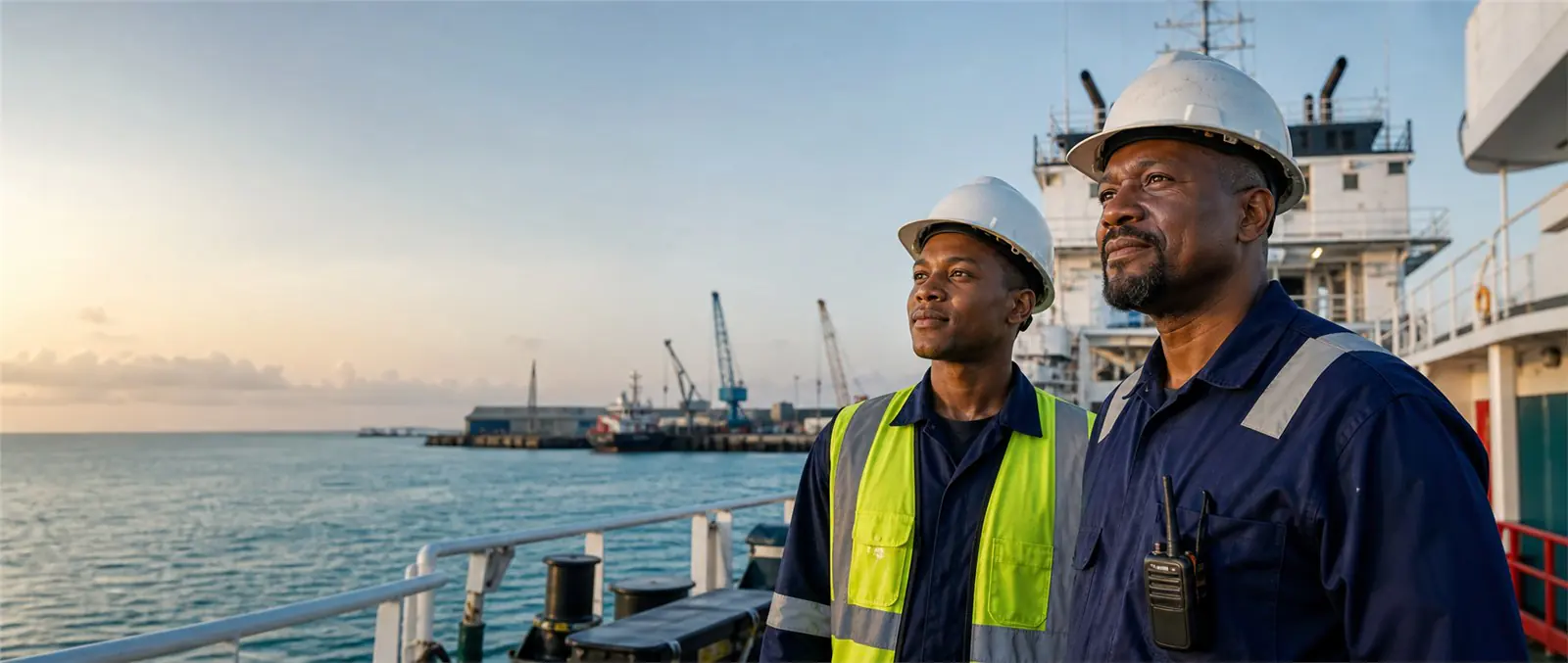 Two African maritime professionals on the deck of an offshore support vessel