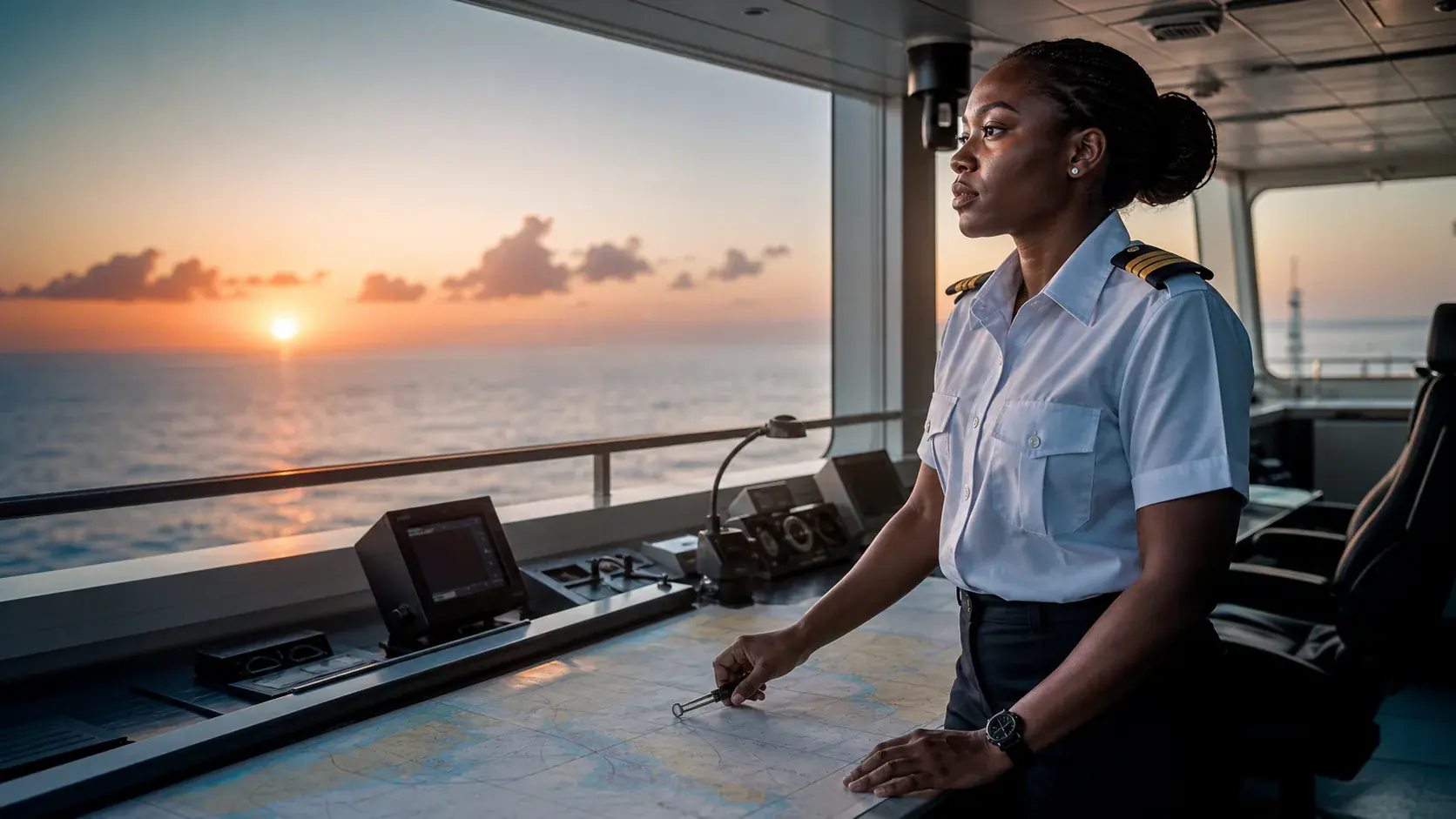 Ghanaian maritime officer reviewing a navigational route on a ship bridge at sunrise