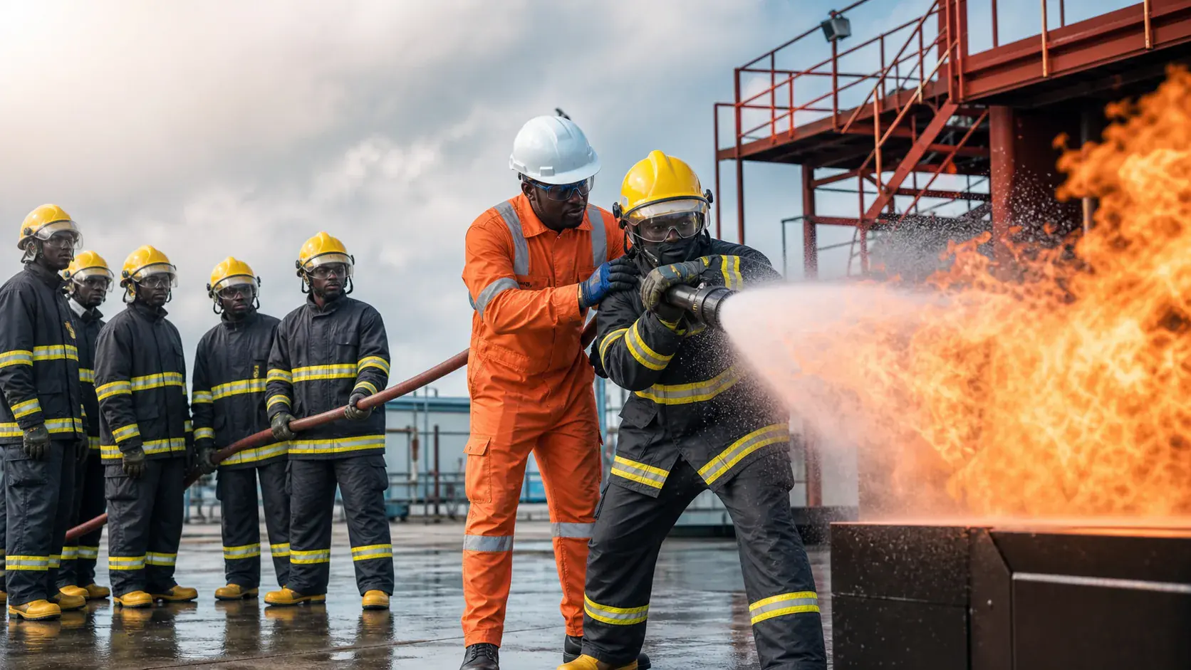 Ghanaian seafarers completing supervised maritime fire-safety training